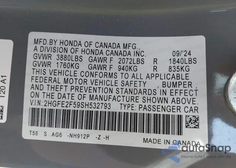 2025 Honda Civic Sport из США, поврежденный, VIN 2HGFE2F59SH532793